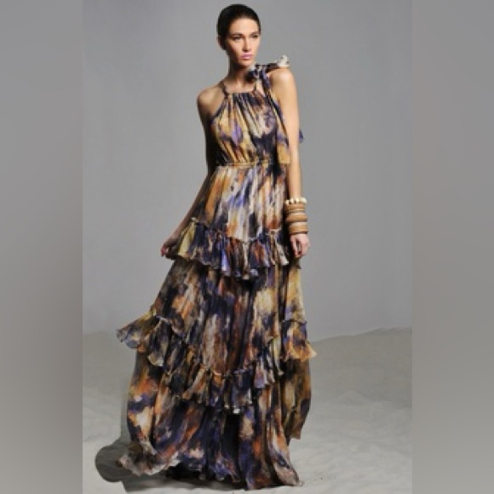 ALEXIS *Harmony* purple yellow gold tiered halter maxi dress gown S *RARE* - Picture 2 of 12